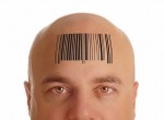 man with bald head stamped with barcode - identity